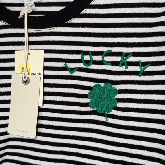 Lucky Brand Womens Size Large Black White Stripe Green Clover Short Sleeve NWT - Picture 2 of 8